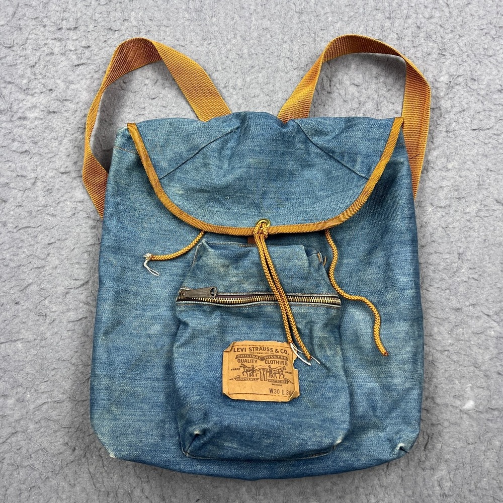 VTG Levis Denim Backpack Blue Jean Orange Tab‎ Cinch Travel Bag Serval USA Made